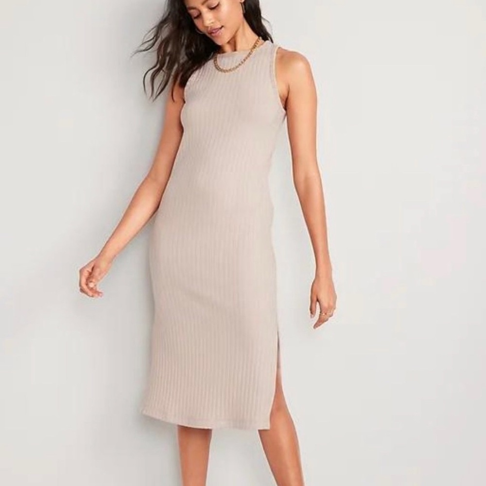 Fitted Sleeveless Rib-Knit Midi Sweater Dress